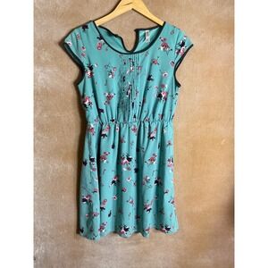 Xhilaration Teal Floral Print Cap Sleeve Elastic Waist Dress Womens Large